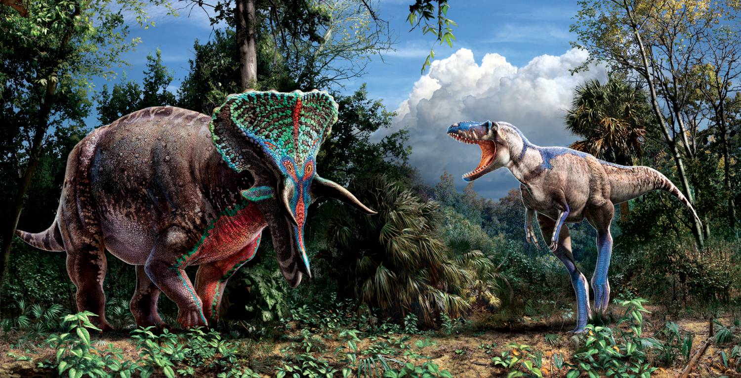 Rendering of two living dinosaurs on a landscape background