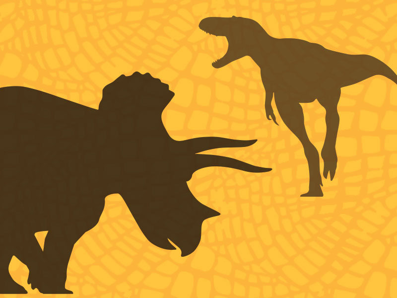 Dueling Dinosaurs: Friends and Family Opening. Triceratops and tyrannosaur silhouettes on a pale orange background.