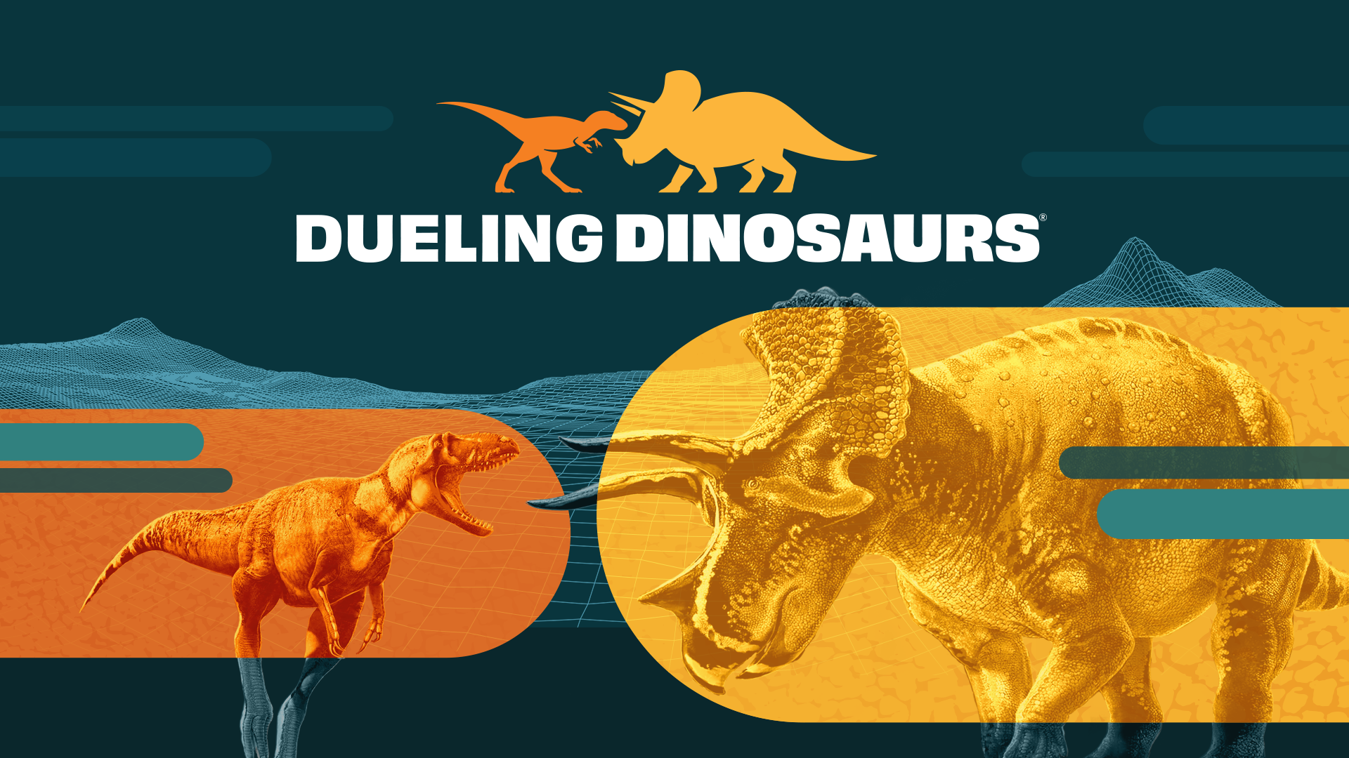 Dueling Dinosaurs: a tyrannosaur faces off against a Triceratops.