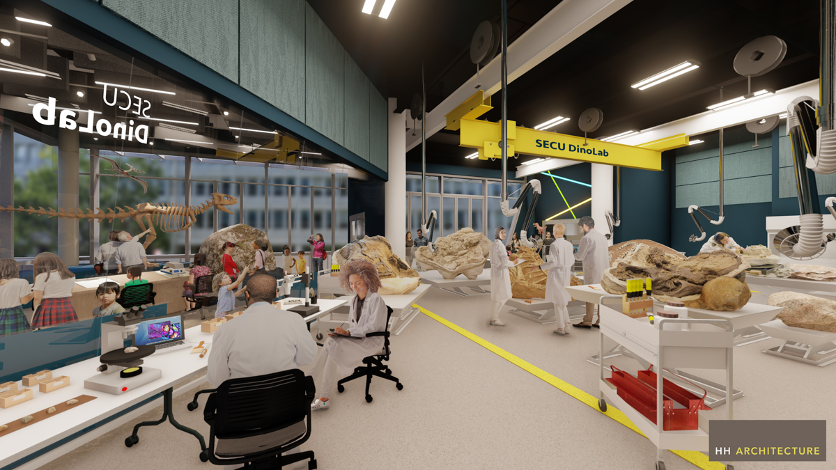 3D rendering: NC Museum of Natural Sciences paleontologists at work in the SECU DinoLab.