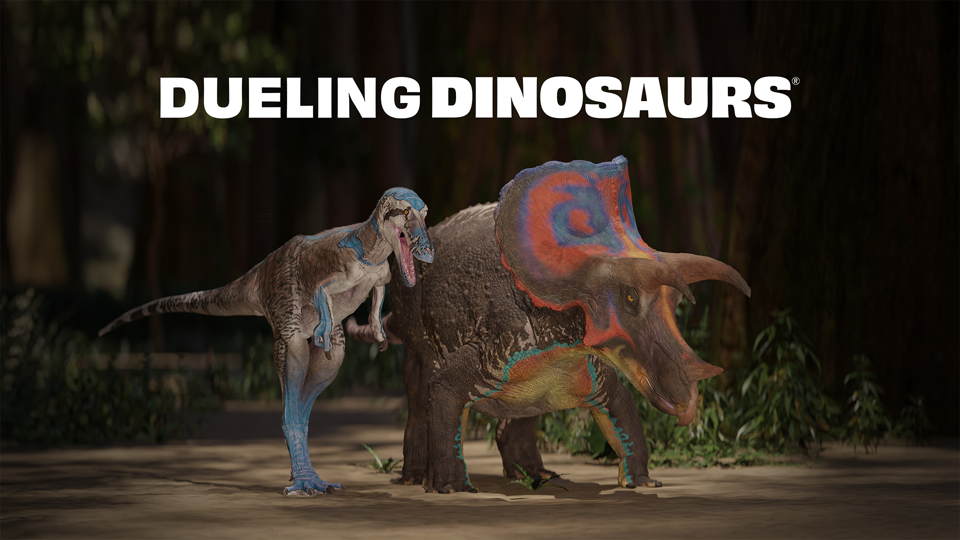 Hero image for webpage that shows two dinosaurs in a natural environment